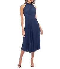 Oleg Cassini Sleeveless Pleated Halter Midi Dress