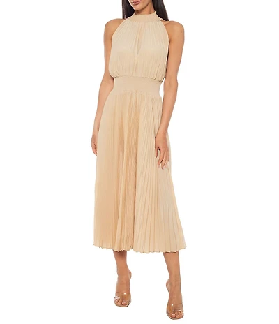 Oleg Cassini Sleeveless Pleated Halter Midi Dress