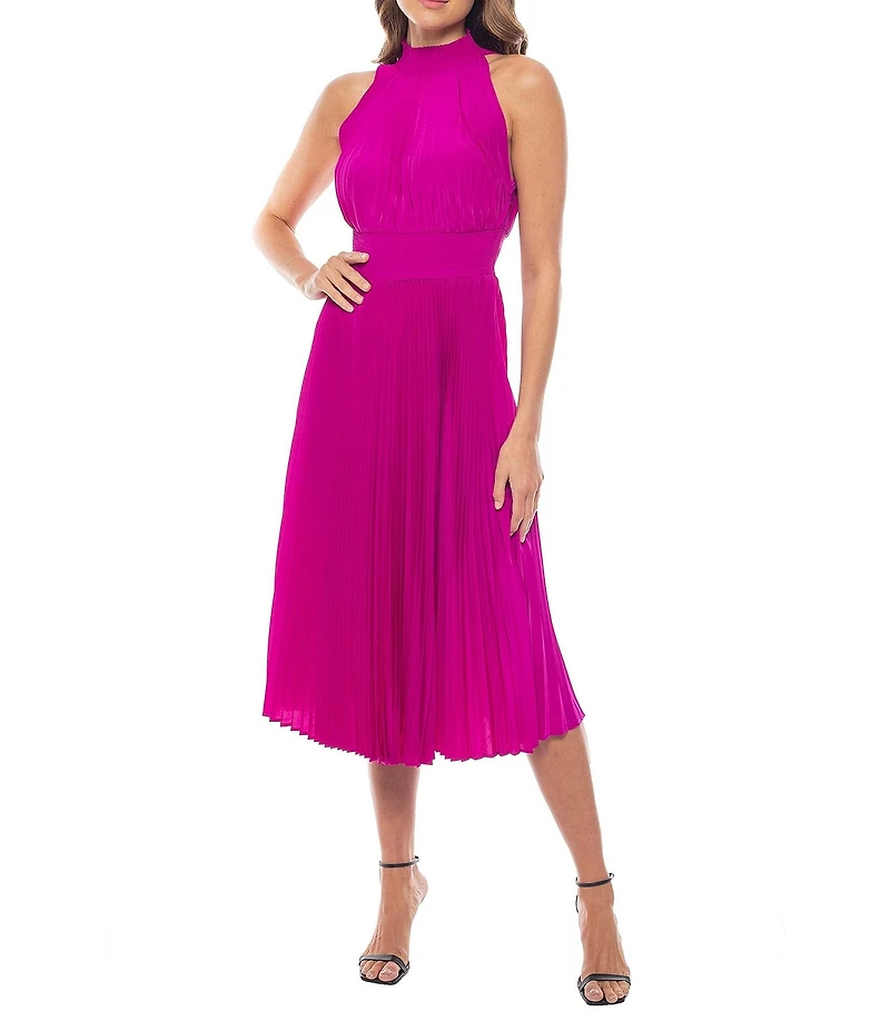 Oleg Cassini Sleeveless Pleated Halter Midi Dress