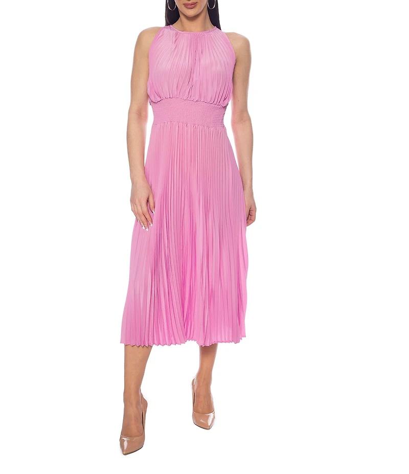 Oleg Cassini Smock Waist Pleated Midi Dress