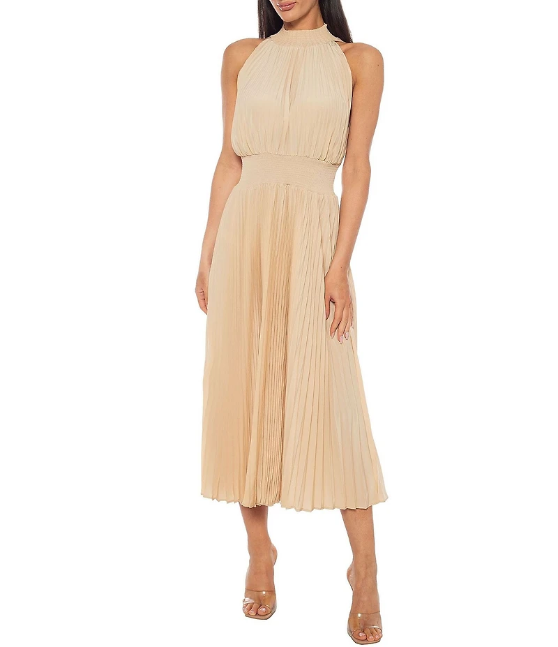 Oleg Cassini Smock Waist Pleated Midi Dress