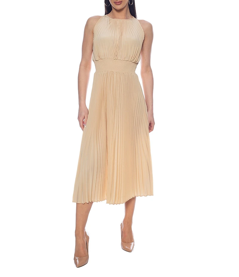 Oleg Cassini Smock Waist Pleated Midi Dress