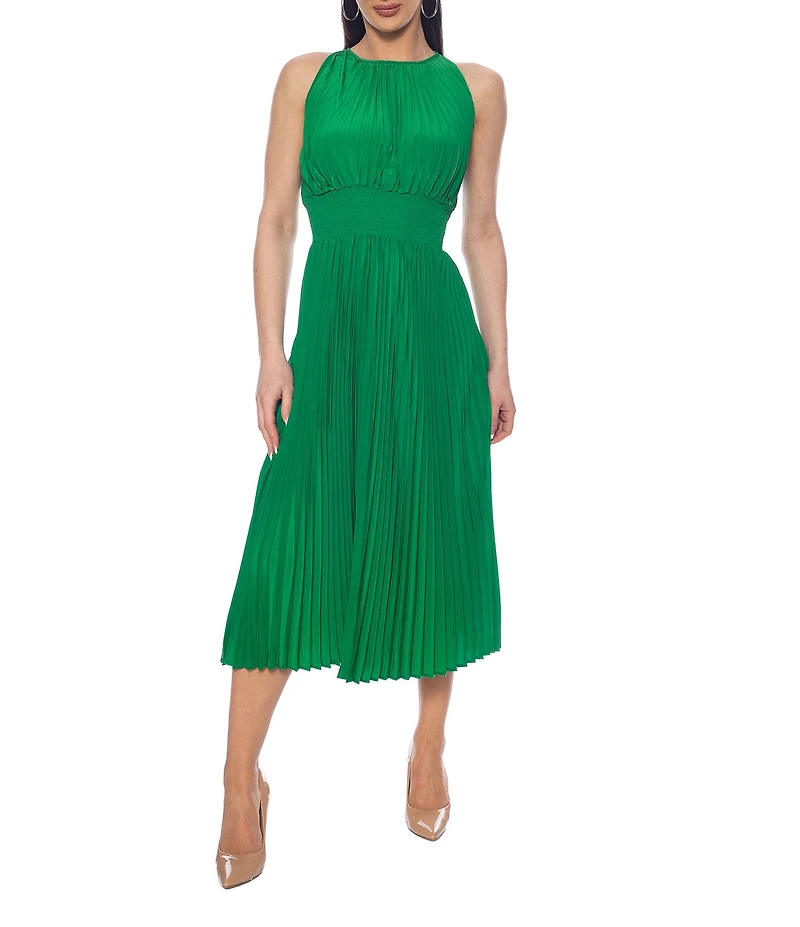 Oleg Cassini Smock Waist Pleated Midi Dress
