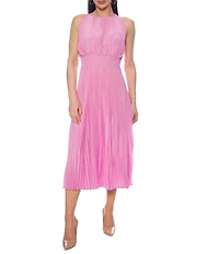 Oleg Cassini Crew Neck Sleeveless Smock Waist Pleated Midi Dress