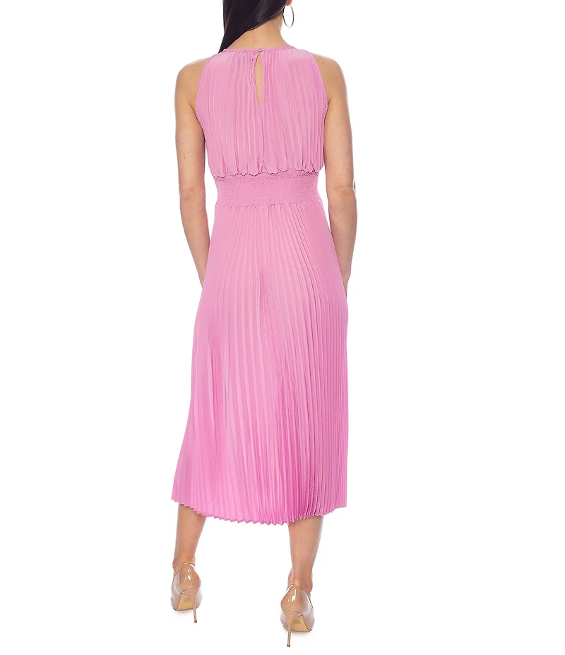 Oleg Cassini Crew Neck Sleeveless Smock Waist Pleated Midi Dress