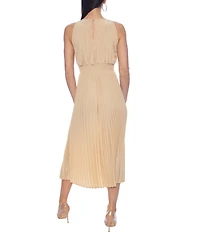 Oleg Cassini Crew Neck Sleeveless Smock Waist Pleated Midi Dress