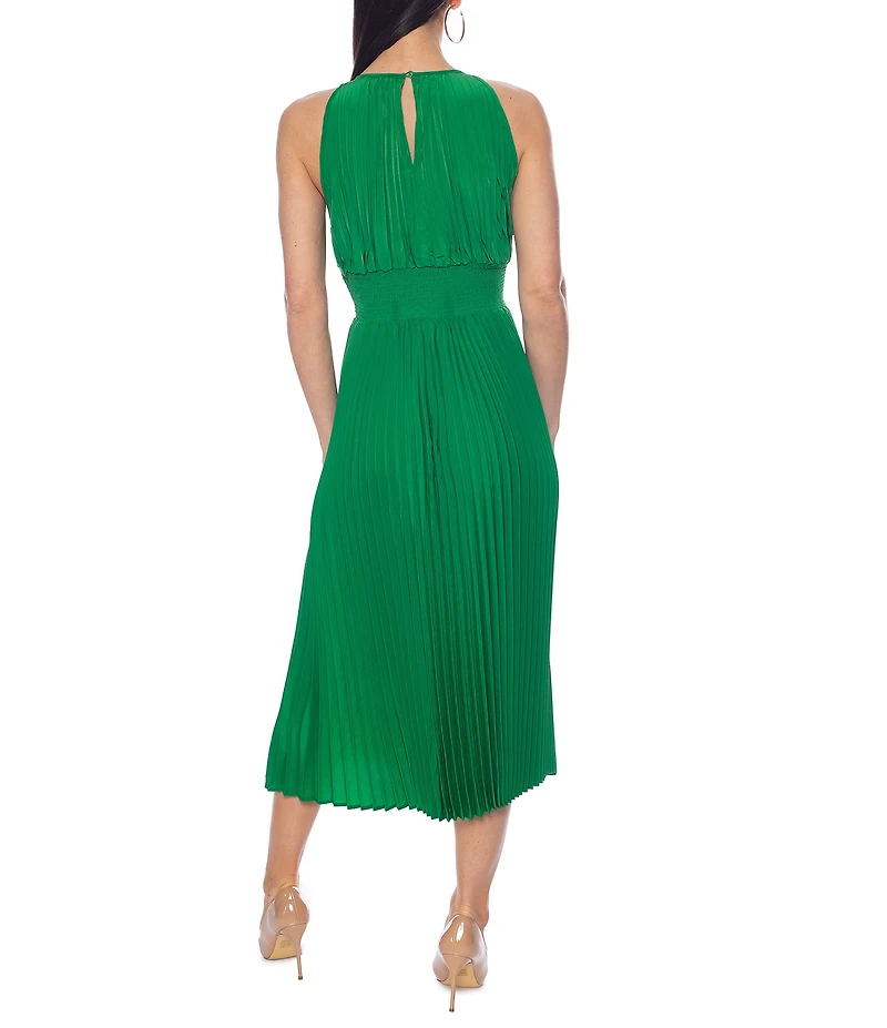 Oleg Cassini Crew Neck Sleeveless Smock Waist Pleated Midi Dress