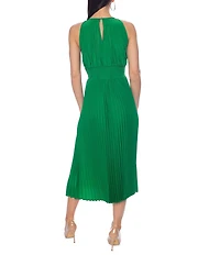 Oleg Cassini Crew Neck Sleeveless Smock Waist Pleated Midi Dress