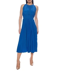 Oleg Cassini Crew Neck Sleeveless Smock Waist Pleated Midi Dress