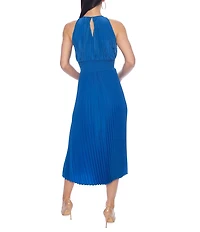 Oleg Cassini Crew Neck Sleeveless Smock Waist Pleated Midi Dress