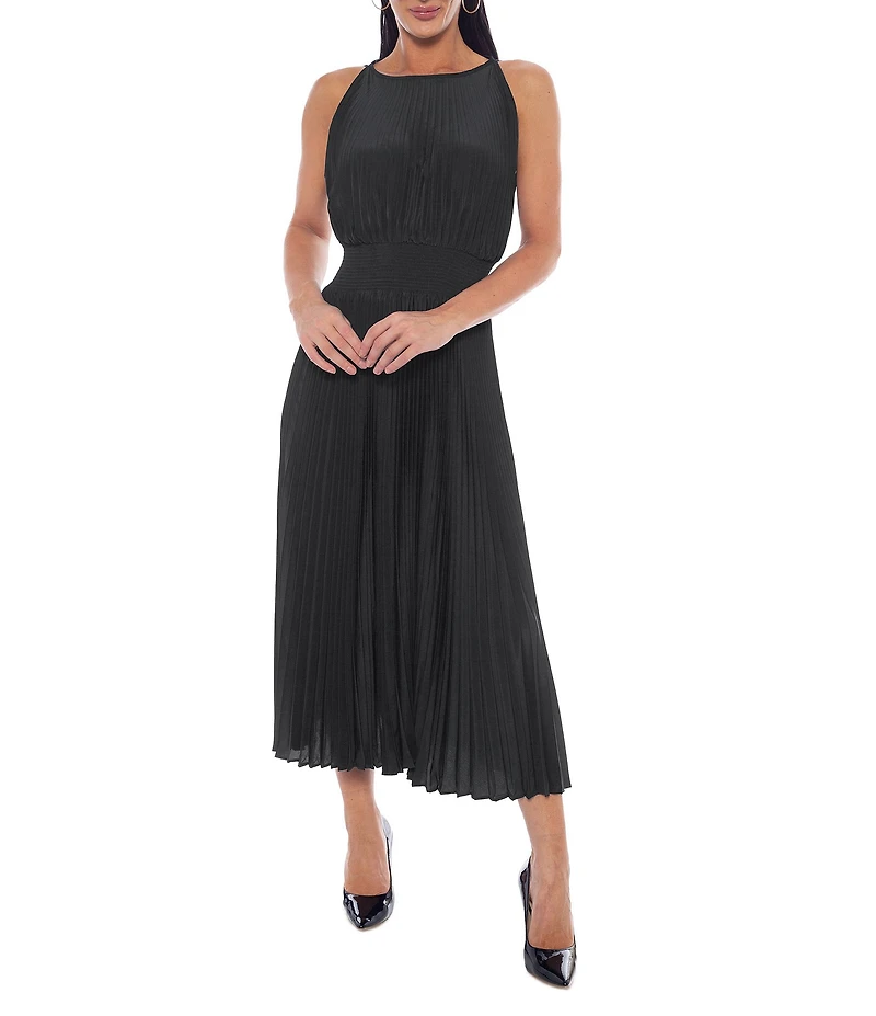 Oleg Cassini Crew Neck Sleeveless Smock Waist Pleated Midi Dress