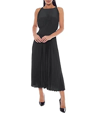 Oleg Cassini Crew Neck Sleeveless Smock Waist Pleated Midi Dress