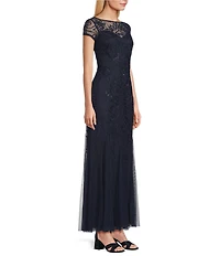 Oleg Cassini Soutache Illusion Cap Sleeve Crew Neck Gown