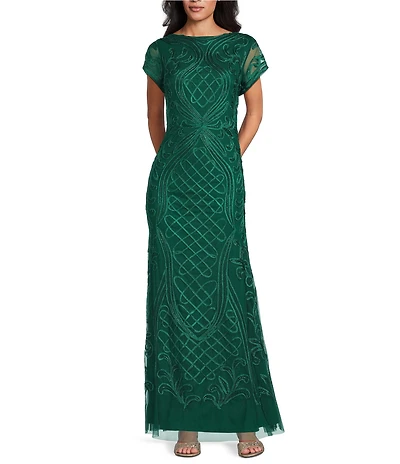 Oleg Cassini Soutache Mesh Crew Neck Cap Sleeve Gown