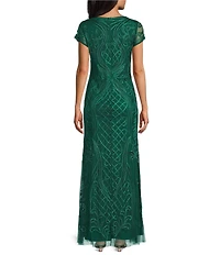 Oleg Cassini Soutache Mesh Crew Neck Cap Sleeve Gown