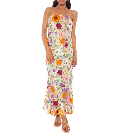 Oleg Cassini Strapless 3D Floral Embroidered Mesh Dress
