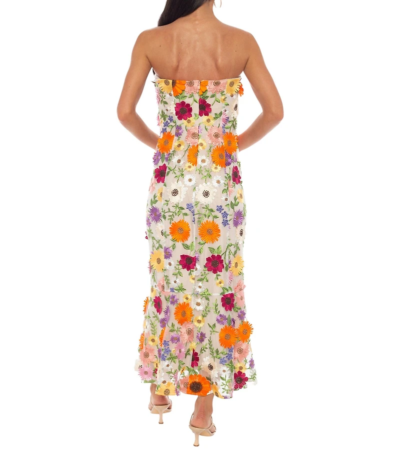 Oleg Cassini Strapless 3D Floral Embroidered Mesh Dress