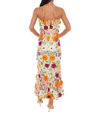 Oleg Cassini Strapless 3D Floral Embroidered Mesh Dress