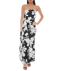 Oleg Cassini Strapless Drape Side Floral Print Maxi Dress