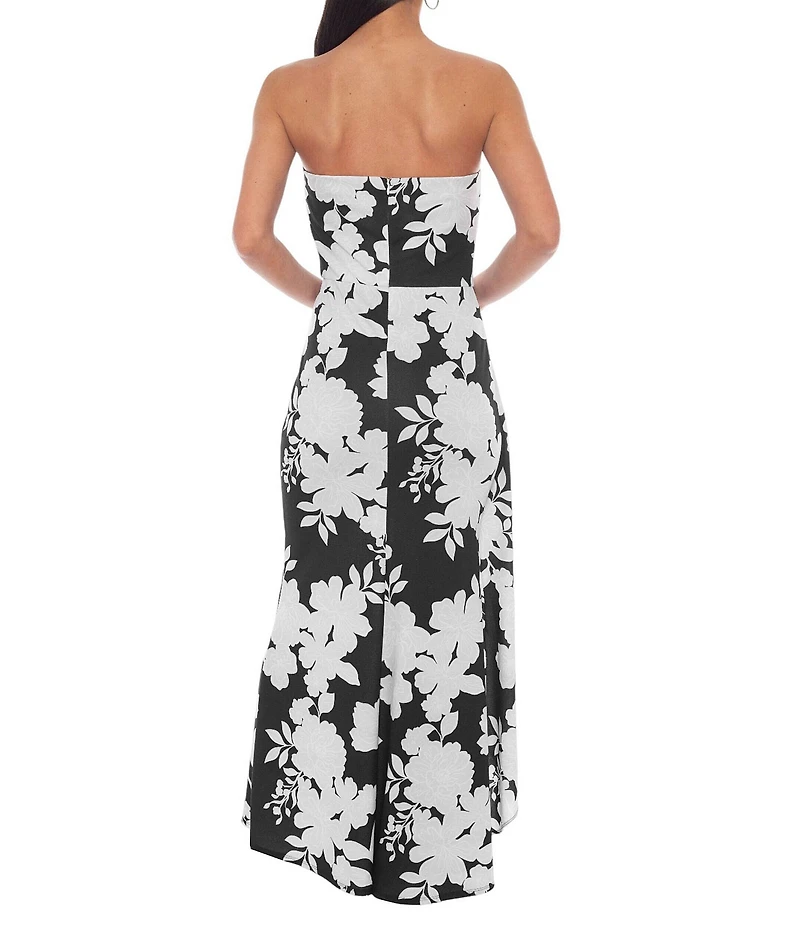 Oleg Cassini Strapless Drape Side Floral Print Maxi Dress
