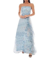 Oleg Cassini Strapless Floral Printed Organza Ruffle Gown