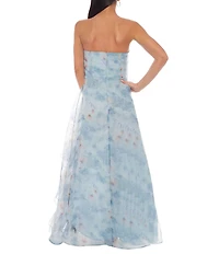Oleg Cassini Strapless Floral Printed Organza Ruffle Gown