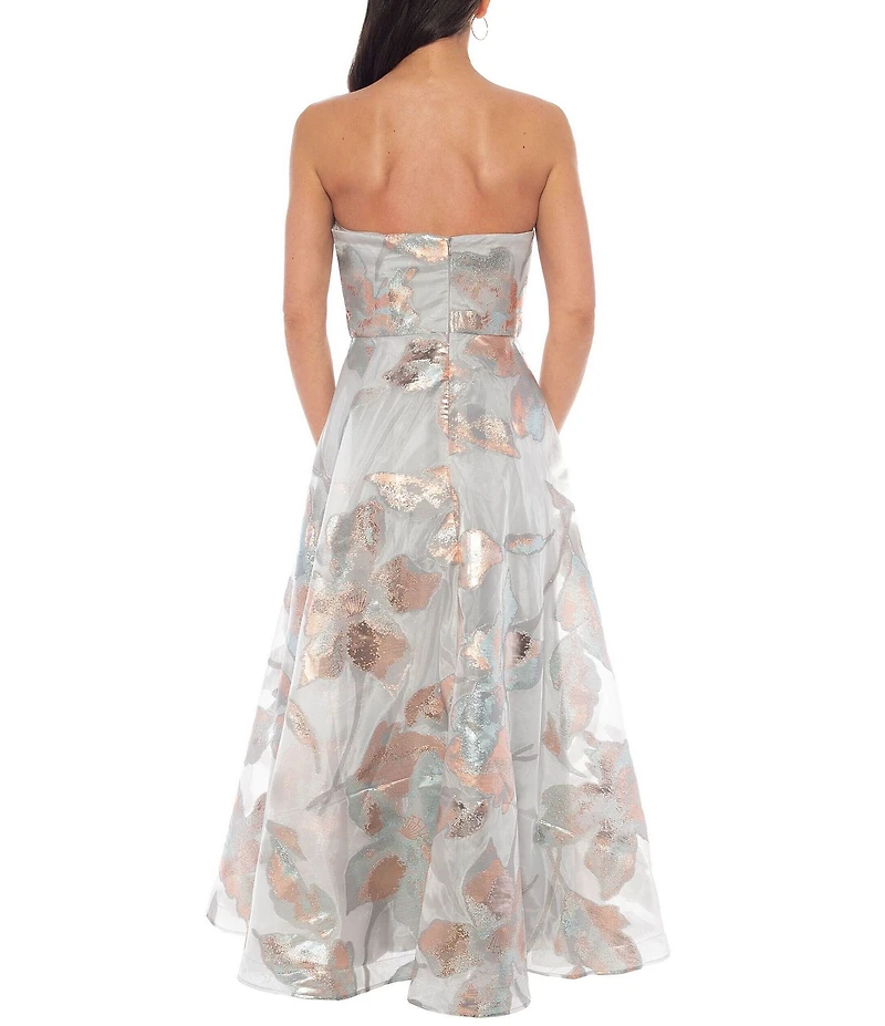 Oleg Cassini Strapless Metallic Organza Burn Out Gown
