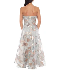 Oleg Cassini Strapless Metallic Organza Burn Out Gown
