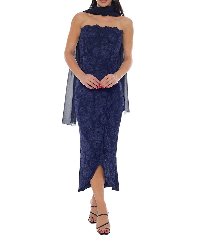 Oleg Cassini Strapless Scallop Lace Neck Wrap Midi Dress