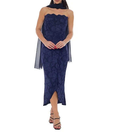 Oleg Cassini Strapless Scallop Lace Neck Wrap Midi Dress
