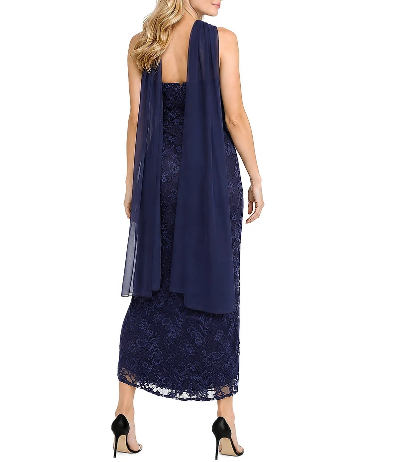 Oleg Cassini Strapless Scallop Lace Neck Wrap Midi Dress