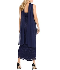 Oleg Cassini Strapless Scallop Lace Neck Wrap Midi Dress
