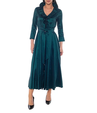 Oleg Cassini Stretch Taffeta Ruffle V-Neck 3/4 Sleeve Shirt Dress Gown