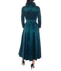 Oleg Cassini Stretch Taffeta Ruffle V-Neck 3/4 Sleeve Shirt Dress Gown