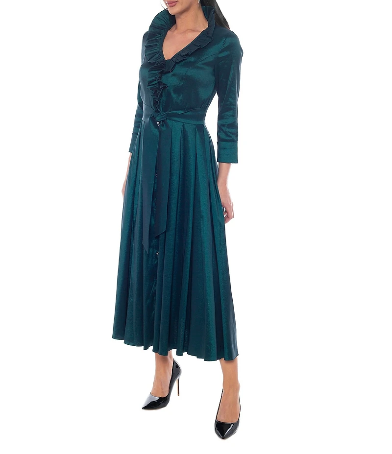 Oleg Cassini Stretch Taffeta Ruffle V-Neck 3/4 Sleeve Shirt Dress Gown