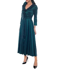 Oleg Cassini Stretch Taffeta Ruffle V-Neck 3/4 Sleeve Shirt Dress Gown