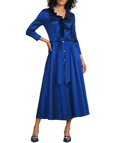 Oleg Cassini Stretch Taffeta Ruffle V-Neck 3/4 Sleeve Shirt Dress Gown