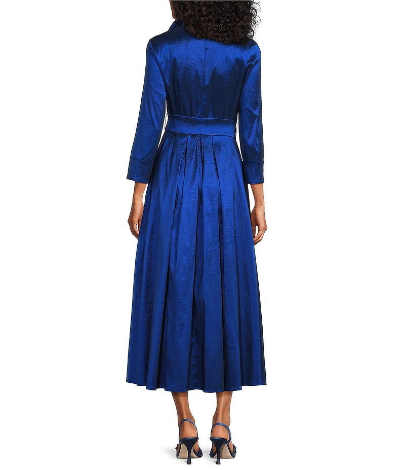 Oleg Cassini Stretch Taffeta Ruffle V-Neck 3/4 Sleeve Shirt Dress Gown