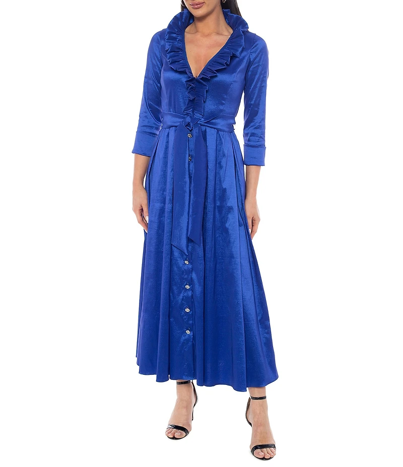 Oleg Cassini Stretch Taffeta Ruffle V-Neck 3/4 Sleeve Shirt Dress Gown