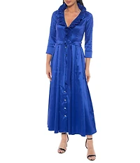 Oleg Cassini Stretch Taffeta Ruffle V-Neck 3/4 Sleeve Shirt Dress Gown