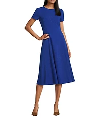 Oleg Cassini Techno Crepe Seam Detail Short Sleeve A-Line Midi Dress