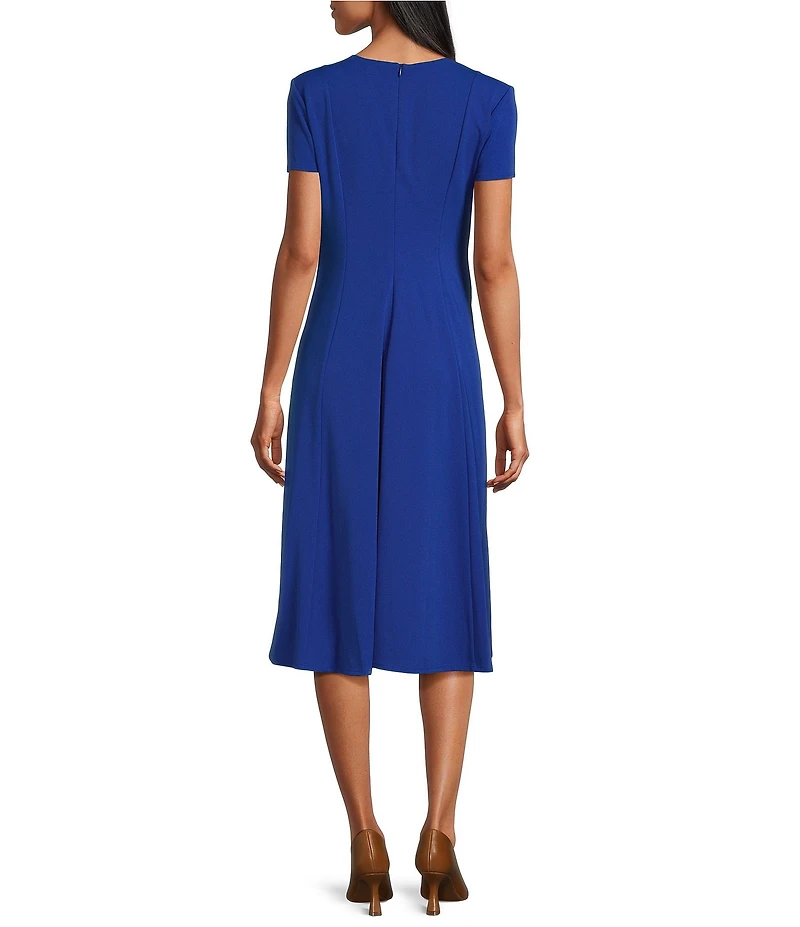 Oleg Cassini Techno Crepe Seam Detail Short Sleeve A-Line Midi Dress