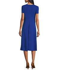 Oleg Cassini Techno Crepe Seam Detail Short Sleeve A-Line Midi Dress