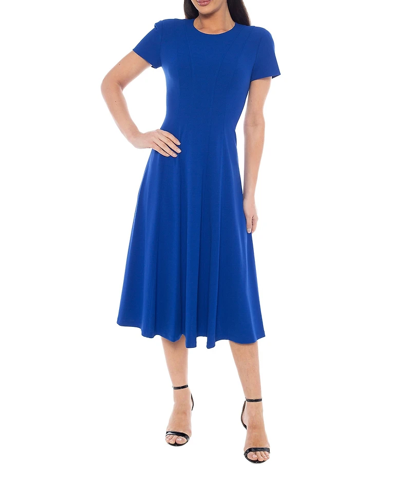 Oleg Cassini Techno Crepe Seam Detail Short Sleeve A-Line Midi Dress