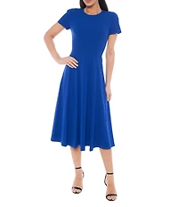 Oleg Cassini Techno Crepe Seam Detail Short Sleeve A-Line Midi Dress