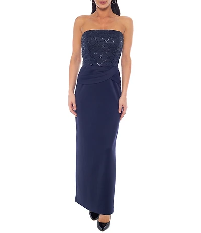 Oleg Cassini Techno Crepe Strapless Beaded Bodice Long Sheath Dress