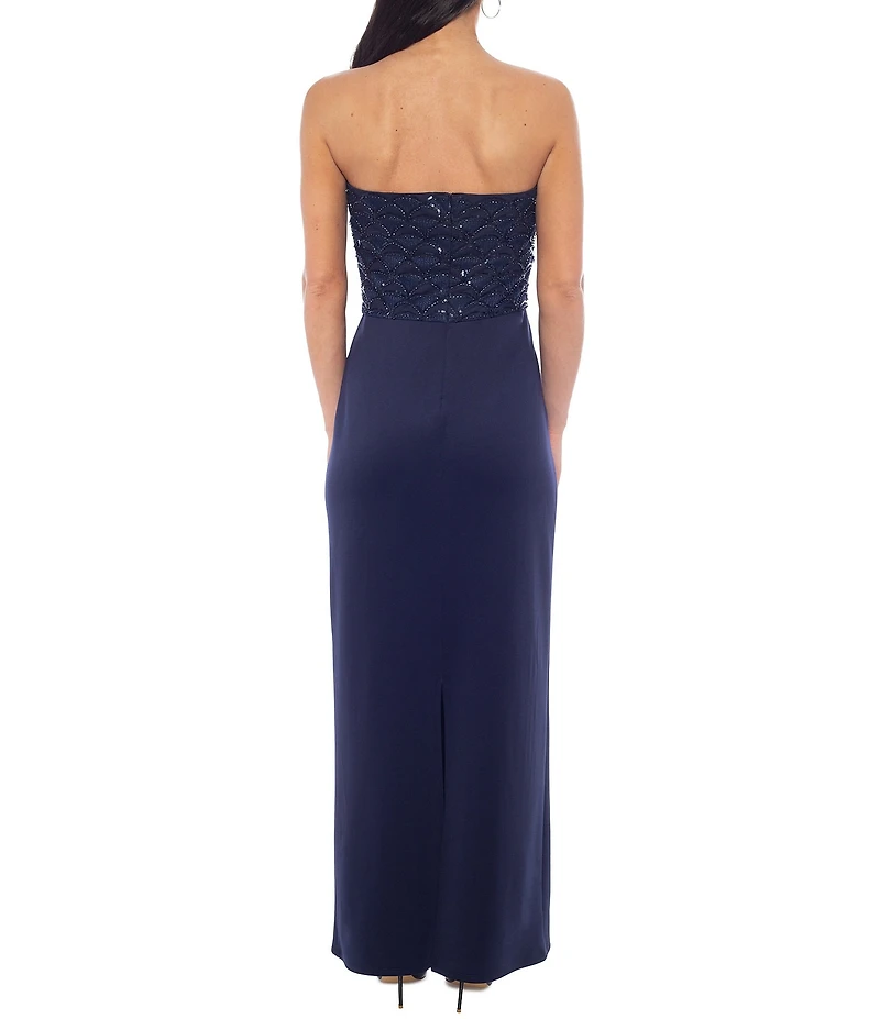 Oleg Cassini Techno Crepe Strapless Beaded Bodice Long Sheath Dress