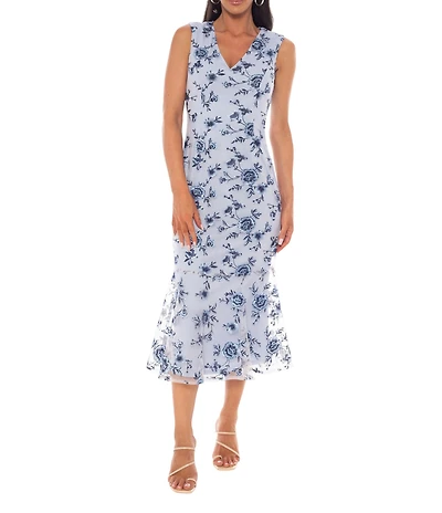 Oleg Cassini V Neck Floral Print Tulle Midi Dress