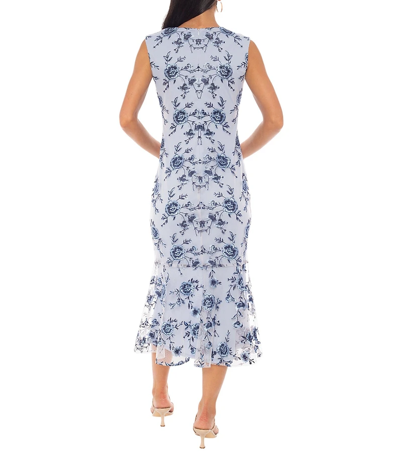 Oleg Cassini V Neck Floral Print Tulle Midi Dress