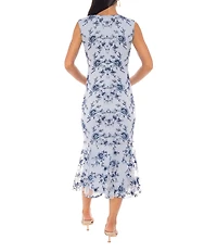 Oleg Cassini V Neck Floral Print Tulle Midi Dress